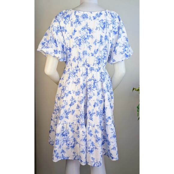 Entro White Blue Floral Ruffled Babydoll Minidress Puff Sleeve Size Medium - Picture 8 of 11